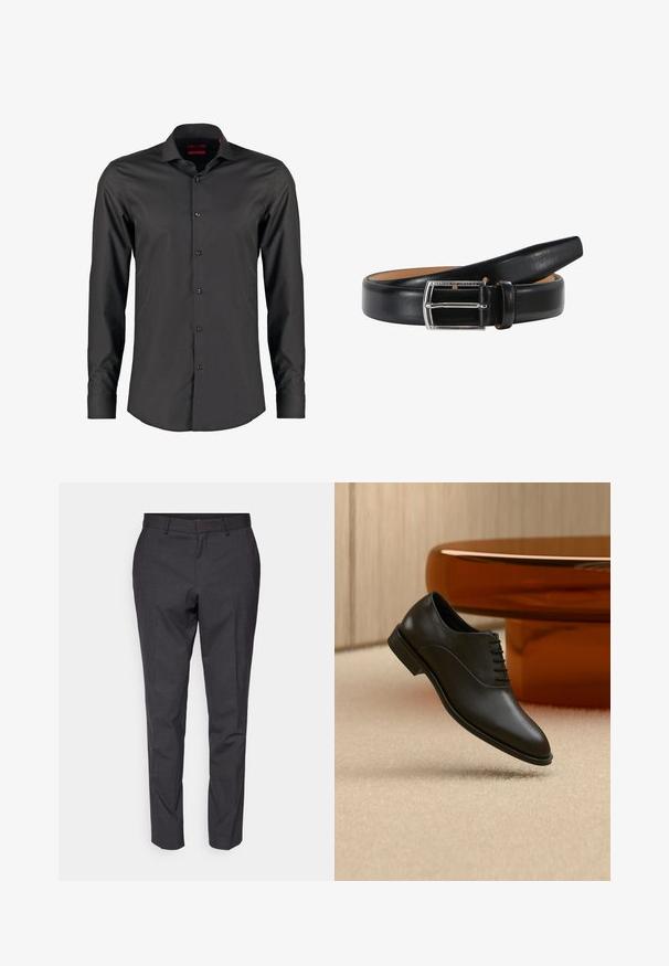 Chemise noire à manches longues avec une coupe ajustée, fabriquée en tissu lisse. Dotée d'un col pointu et de six boutons sur le devant.; Pantalons gris ajustés avec une texture lisse, coupe slim et jambes fuselées, dotés d'un devant plat et de passants de ceinture pour plus de détail.; Chaussure de costume en cuir noir poli à lacets flottant au-dessus d’un tapis beige, avec une grande table ronde en verre de couleur ambre en arrière-plan.; Belt en cuir noir avec une texture lisse, doté d'une boucle rectangulaire en argent et d'une doublure intérieure beige. L'extrémité est effilée pour un aspect élégant.