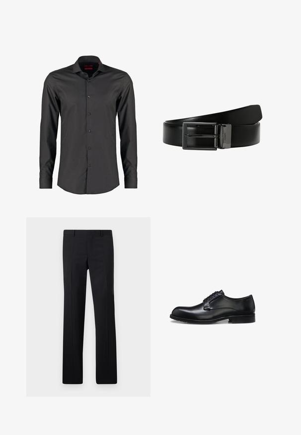 Chemise noire à manches longues avec une coupe ajustée, fabriquée en tissu lisse. Dotée d'un col pointu et de six boutons sur le devant.; Pantalons noirs ajustés avec une coupe droite, des plis marqués et une finition lisse. Fabriqués en tissu léger avec une taille nette.; Chaussure habillée pour homme en cuir noir poli avec laçage fermé, talon bas et détail de marque discret près du talon sur un fond blanc.; Ceinture en cuir noir avec une boucle rectangulaire en argent brillant et une finition lisse. Comprend une seule boucle de ceinture et un design épuré et minimaliste.