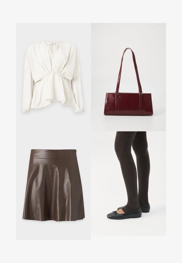 Blouse blanche à manches longues avec taille élastique, encolure en V et ourlet évasé, présentée sur un fond neutre à plat.; Jupe trapèze en cuir synthétique marron foncé avec une taille haute et une texture lisse légèrement brillante.; Jambes portant des leggings côtelés foncés associés à des ballerines noires avec de petits détails en nœud sur fond blanc.; Sac à main bordeaux en matériau brillant, de forme rectangulaire, avec deux anses et des accents légèrement courbés à l'avant.