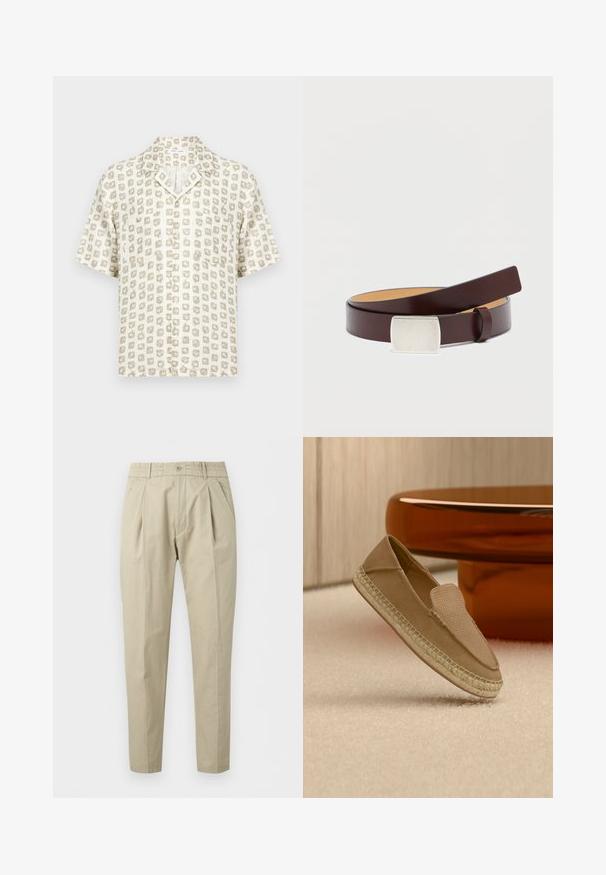 Chemise à manches courtes avec un motif abstrait de carrés beige et blanc et une petite poche poitrine.; Pantalon beige plissé avec fermeture par bouton, passants pour ceinture, poches latérales et coupe fuselée, présenté sur fond blanc.; Chaussure beige sans lacets avec tige texturée et semelle tissée, positionnée debout sur un sol recouvert de moquette claire à côté d'une table circulaire marron brillante.; Ceinture en cuir marron avec une boucle rectangulaire en argent, texture lisse et doublure intérieure plus claire contrastante. Design simple et classique.