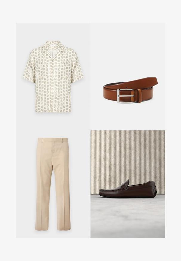 Chemise à manches courtes avec un motif abstrait de carrés beige et blanc et une petite poche poitrine.; Pantalon beige sur mesure avec passants pour ceinture, pli devant et fermeture éclair dissimulée, présenté sur un fond uni.; Mocassins en cuir marron avec une finition lisse, des coutures de style mocassin, un bout rehaussé et une semelle en caoutchouc basse et flexible.; Ceinture en cuir marron avec une texture lisse, dotée d'une boucle rectangulaire en métal argenté et d'une extrémité effilée.