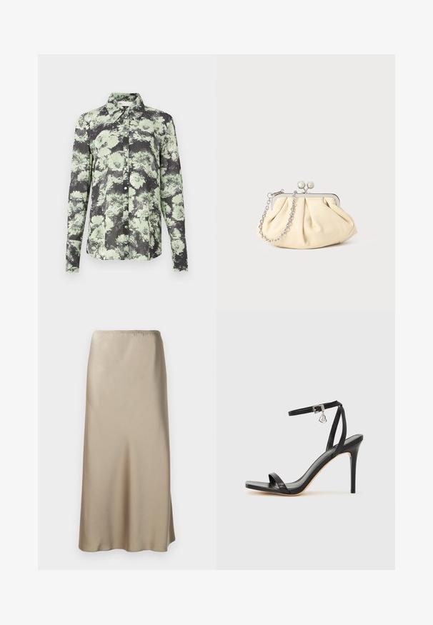 Skjorte med knapper i en sort og grøn blomstret mønster, kravedesign, lange ærmer og en tekstureret stof.; Satin midi nederdel i lys beige med elastisk talje, glat tekstur og en flydende A-form. Ingen synlige mønstre eller hardware.; Sort hæl-sandal med smal ankrem, firkantet tå-boks, glat lædermateriale og metalspænde som pynt.; Plisseret beige læderclutch med en sølvmetalramme, der har to runde dekorative låse og en sølvkædetrasporte.