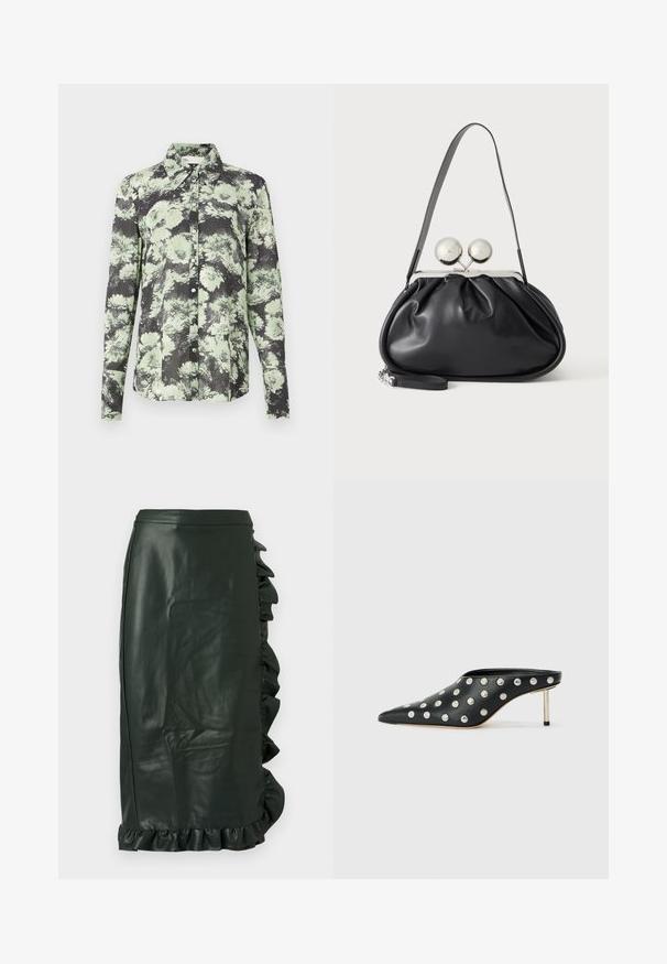 Skjorte med knapper i en sort og grøn blomstret mønster, kravedesign, lange ærmer og en tekstureret stof.; Mørkegrøn læder blyantskirt med flæset side detalje, glat tekstur, længde over knæene og tætsiddende silhuet.; STAND STUDIO KELSEY - Mules med hæl - black; Sort læderhåndtaske med opsamlet design, en enkelt rem, sølv metalramme og to store runde sølv lukninger.