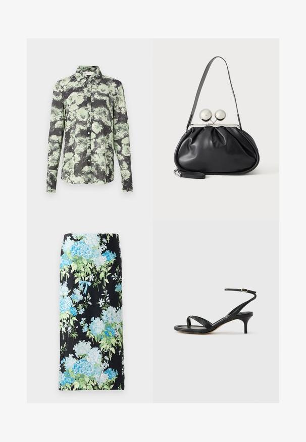 Skjorte med knapper i en sort og grøn blomstret mønster, kravedesign, lange ærmer og en tekstureret stof.; Blomstret blyantskirt i sort stof, med store blå og grønne hortensiaer samt små hvide blomster, accentueret med en lyseblå sløjfe.; Sort damesandal i læder med tynde remme, en tå-loop, ankelspænde og en mellemhøj stiletthæl på en neutral baggrund.; Sort læderhåndtaske med opsamlet design, en enkelt rem, sølv metalramme og to store runde sølv lukninger.