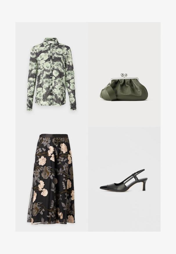 Skjorte med knapper i en sort og grøn blomstret mønster, kravedesign, lange ærmer og en tekstureret stof.; Sort midi nederdel med gennemsigtigt lag, med beige og grå blomsterbroderi og sort taljebånd.; Sort læder slingback-sko med spids tå, der har en blank accent på tåhætten og en mellemhøj hæl. Åben sidesektion.; Olivengrøn læderclutch med ruchet design, sølvmetalramme og dobbelt kugle-lukning. Har en glat tekstur og en bred rem.