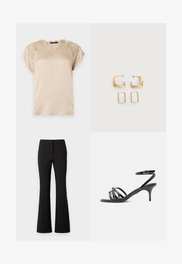 Blouse beige en satin à manches courtes avec des détails en dentelle aux épaules et à l'encolure, avec un col en V et une coupe décontractée.; Pantalon évasé noir en tissu lisse, présentant un pli frontal, des passants de ceinture et une coupe ajustée. Design épuré sans motifs visibles.; Sandale noire en cuir à brides, talon kitten, bout carré, deux boucles devant et bride de cheville avec fermeture à boucle dorée.; Deux paires de Boucles d'oreilles créoles géométriques dorées sur une surface blanche unie, une paire carrée et pleine, une paire rectangulaire et creuse.
