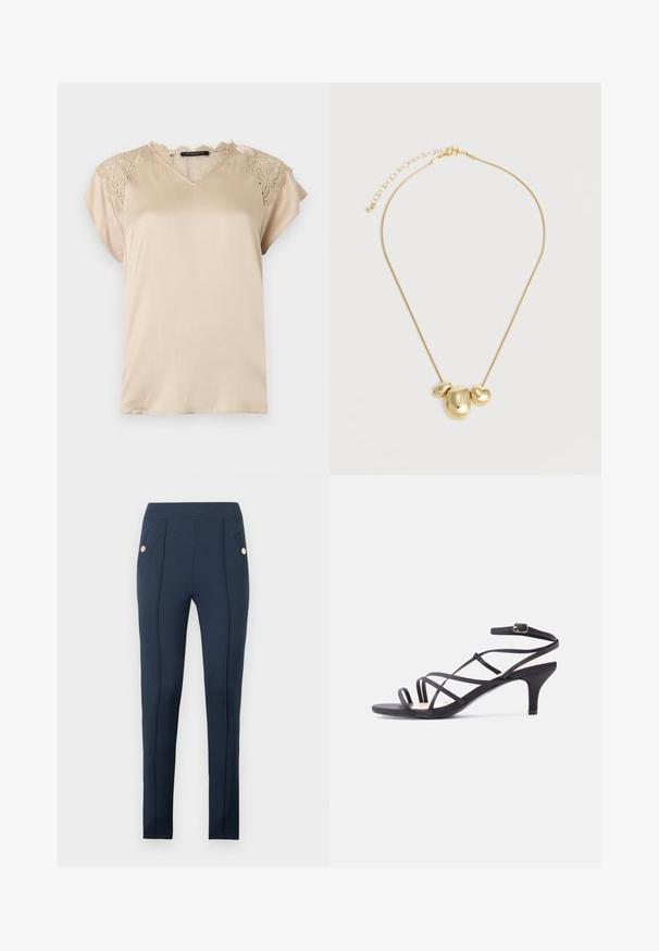 Blouse beige en satin à manches courtes avec des détails en dentelle aux épaules et à l'encolure, avec un col en V et une coupe décontractée.; Pantalon slim bleu marine avec coutures avant surpiquées et poches latérales inclinées, chacune ornée d'un bouton rond en or unique.; Sandale noire à fines brides pour femme avec petit talon kitten et boucle à la cheville sur un fond uni clair.; Collier doré avec trois pendentifs irréguliers en forme de galets lisses sur une chaîne fine avec fermoir réglable.