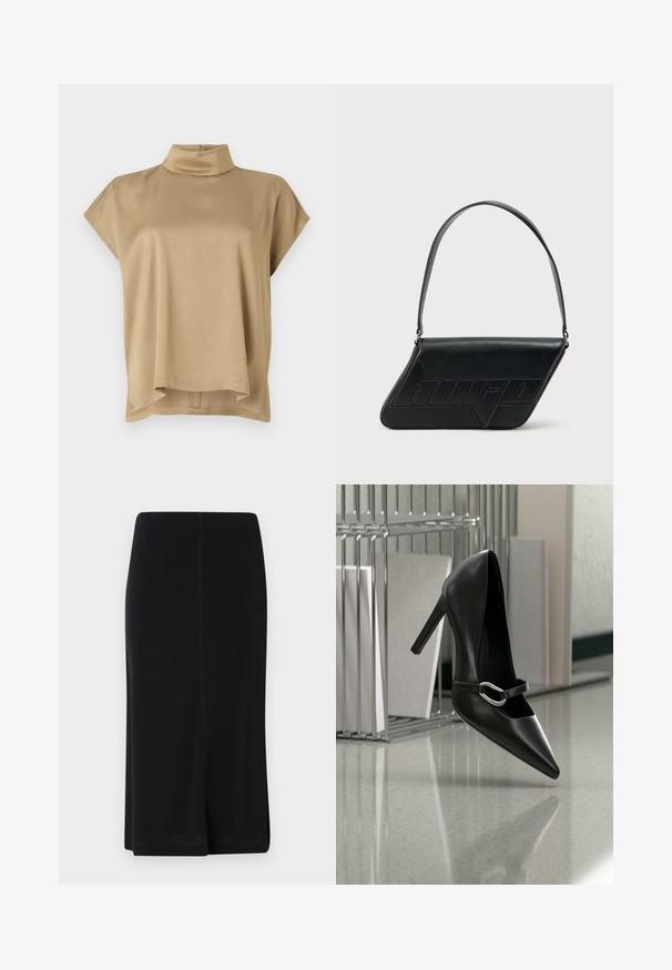 Top beige con cuello alto, mangas cortas y corte relajado. Tela suave, textura lisa y dobladillo trasero más largo.; Falda negra hasta la rodilla hecha de una tela suave, con una silueta recta, diseño simple y aberturas laterales para mayor facilidad de movimiento.; Zapato de tacón alto negro con puntera y correa con hebilla plateada, colocado sobre una superficie reflectante cerca de un organizador de archivos metálico que sostiene papeles.; Bolso de hombro de cuero negro con forma triangular, logo en relieve y una sola correa ajustable. Diseño minimalista con textura suave.