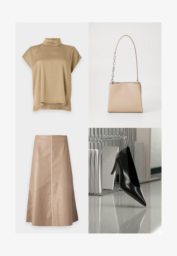 Beige top met een hoge kraag, korte mouwen en een ontspannen pasvorm. Zacht materiaal, gladde textuur en een langere achterkant.; Beige faux leren A-lijn rok met subtiele paneeldetails en een matte afwerking, knie-lengte en hoge taille.; Zwart hooggehakt schoen met puntige neus en gouden logo, geplaatst op een reflecterend oppervlak naast een verchroomde draadordner met documenten.; Beige leren handtas met een gladde textuur, voorzien van een zilveren kettingaccent op het handvat en een ritssluiting. "HUGO" is op de voorkant hotstempeld.