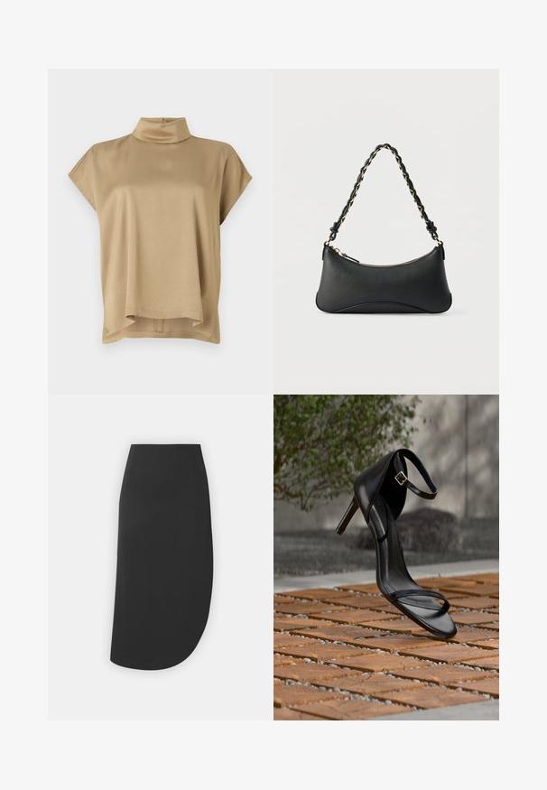 Top beige con cuello alto, mangas cortas y corte relajado. Tela suave, textura lisa y dobladillo trasero más largo.; Falda negra hasta la rodilla con un dobladillo asimétrico, textura suave, sin cerraduras ni patrones visibles, diseñada para un estilo minimalista.; Sandalia negra de tacón alto con correa en el tobillo, parece suspendida sobre un suelo de baldosas de madera al aire libre, con un fondo difuminado de vegetación y piedra.; Bolso de hombro de cuero negro con forma rectangular curvada, cadena dorada entrelazada en una correa negra trenzada y cierre superior con cremallera.