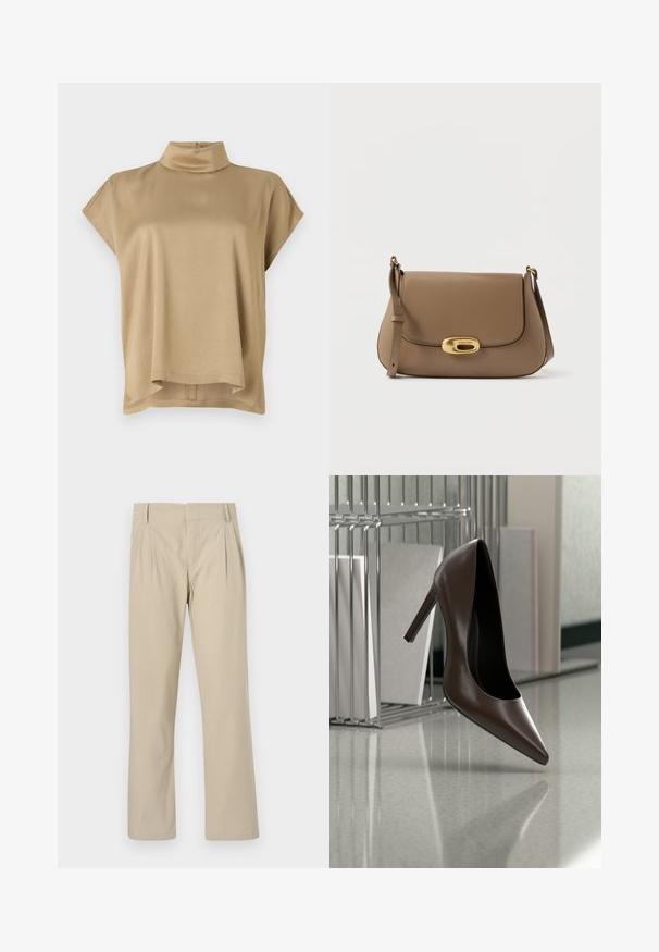 Top beige avec un col montant, des manches courtes et une coupe décontractée. Tissu doux, texture lisse et ourlet arrière plus long.; Pantalons larges beige en mélange de coton ; avec plis à l'avant, coupe droite et passants de ceinture. Texture lisse, sans motifs.; Chaussure en cuir marron foncé à talon haut flottant au-dessus d'un sol réfléchissant près d'une étagère métallique avec des panneaux blancs dans une pièce.; Sac bandoulière en cuir marron, de forme incurvée, avec des accessoires en métal doré et une fermeture à rabat minimaliste comportant un détail ovale.