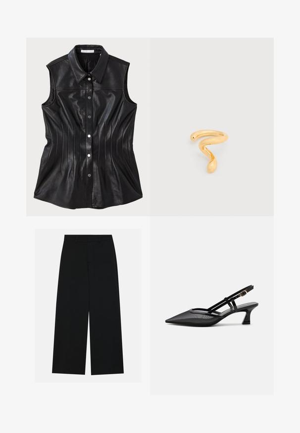 Chemise sans manches en cuir noir avec un col pointu, des détails de couture verticaux et des fermetures à boutons-pression sur le devant.; Pantalons noirs à jambe large en tissu lisse. Dotés d'une taille plate avec passants de ceinture et sans poches visibles. Design simple.; Chaussure slingback noire à bout pointu avec tige en mesh, fines brides, boucle dorée et petit talon incurvé sur fond blanc.; Bague ouverte en ton or avec un design lisse, courbé et ondulé, sur un fond gris clair uni.