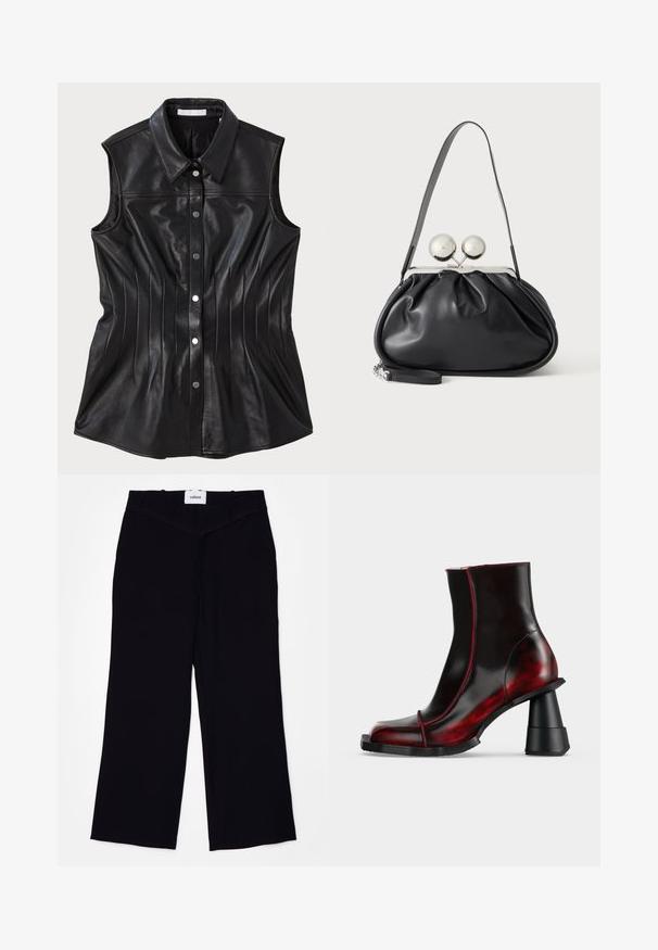 Chemise sans manches en cuir noir avec un col pointu, des détails de couture verticaux et des fermetures à boutons-pression sur le devant.; Pantalons larges noirs en tissu lisse. Dotés d'une taille plate avec passants de ceinture et d'une finition soignée aux ourlets.; Bottine noire et rouge foncé brillante avec talon épais géométrique et bout carré, présentée sur un fond clair uni.; Sac à main en cuir noir avec un design plissé, une sangle unique, un cadre métallique argenté et deux grandes fermoirs ronds en argent.