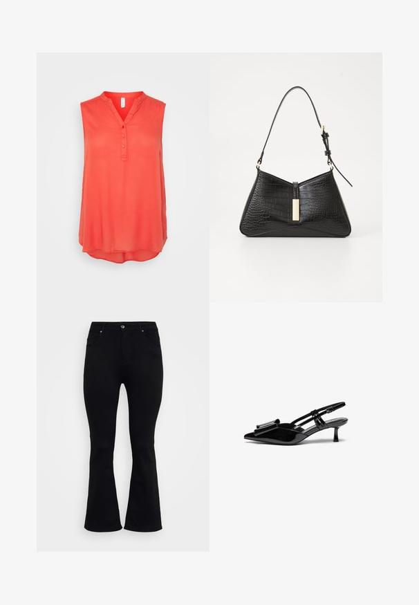 Korallfarvet ærmeløs bluse med V-hals, tre knaplukninger og buet kant. Fremstillet af let og glat stof. Ingen mønstre eller detaljer.; ONLY Carmakoma Flared fit CARWILLY High waist - Flared jeans - black denim; Sorte patenterede læderslingbacks med spids tå, en sløjfedetalje foran og en lille stilettohæle. Remmene har justerbare spænder.; Sort håndtaske i faux krokodillepræget materiale med en triangelform, slank skulderrem og en guldfarvet hardwaredetalje i midten.