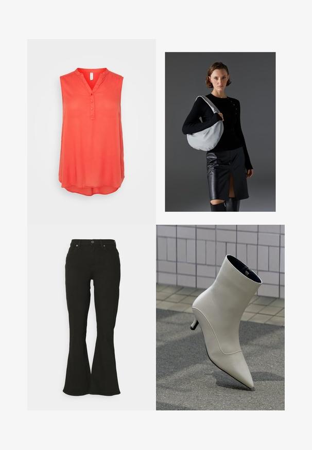 Korallfarvet ærmeløs bluse med V-hals, tre knaplukninger og buet kant. Fremstillet af let og glat stof. Ingen mønstre eller detaljer.; Sorte flared jeans med en glat tekstur, fem lommer og lukning med knap foran. Har en tætsiddende talje, der fører til brede benåbninger.; Off-white læderankelsko med spids tå og lille stilet hæl, hvilende på udendørs fortov mod flisevæg.; Hobo taske i lysegrå, blødt materiale, rund form. Stylet med en sort langærmet top og en sort lædernederdel med en forkantsslids.