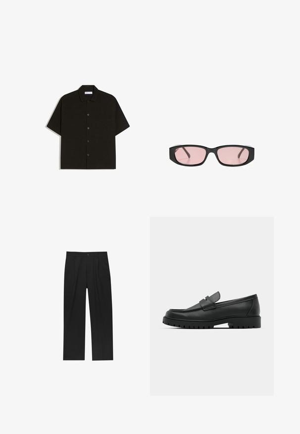 Chemise noire à manches courtes en tissu doux, avec un boutonnière à l'avant, un col et une poche poitrine unique. Design simple et épuré.; Pantalons noirs au design droit, fabriqués à partir d'un tissu lisse. Dotés de plis sur le devant et d'une fermeture à un bouton à la taille.; Mocassins en cuir noir à bout arrondi, avec un design cousu, une semelle plateforme basse et une semelle en caoutchouc texturée et crantée.; Lunettes de soleil rectangulaires noires avec des verres étroits teintés de rose reposant sur une surface blanche.