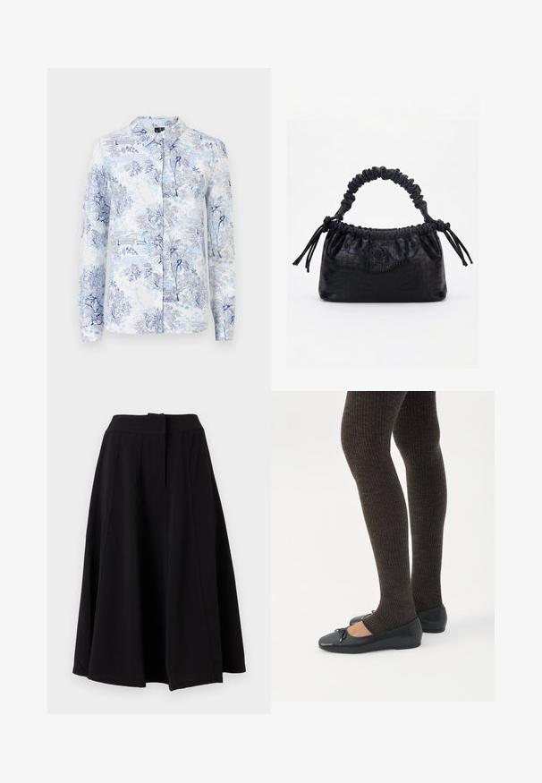 Chemise à manches longues en tissu présentant un imprimé floral et paysager bleu et blanc, avec un col et une fermeture à boutons.; Jupe midi noire trapèze avec large ceinture et coutures verticales visibles, présentée sur fond uni.; Jambes portant des leggings côtelés foncés associés à des ballerines noires avec de petits détails en nœud sur fond blanc.; Sac à main noir avec texture crocodile, bord supérieur froncé, poignée plissée et pompons à cordon de chaque côté sur fond blanc.