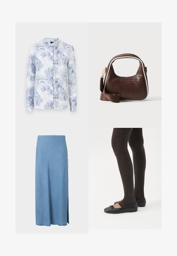 Langsleeve shirt gemaakt van stof met een blauw-witte bloemen- en landschapprint, met een kraag en knoopsluiting aan de voorkant.; Lichtblauwe midi-rok met rechte snit en kleine zijsplit, gemaakt van zachte stof.; Benen met donkere geribbelde leggings gecombineerd met zwarte ballerina's met kleine strikdetails op een witte achtergrond.; Bruine geweven leren handtas met witte bies, gouden ritssluiting en afneembare bruine stoffen schouderriem.