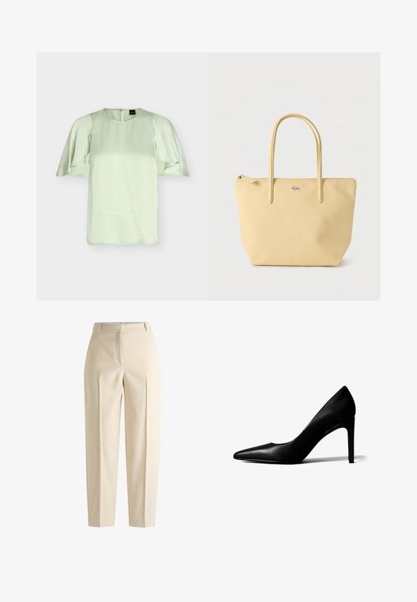 Blouse vert clair avec encolure ronde et manches courtes volantées, tissu lisse, fermeture éclair au dos, étiquette de marque BOSS visible à l'intérieur du col.; Pantalons beige texturés avec un motif en côtes, dotés d'une taille haute, de plis et de jambes droites. Fermés par une fermeture éclair et un bouton.; Chaussure à talon haut en cuir noir à bout pointu avec un talon aigu fin sur fond blanc.; Sac fourre-tout jaune clair avec double poignée et un petit logo crocodile argenté sur le devant, posé sur un fond blanc uni.