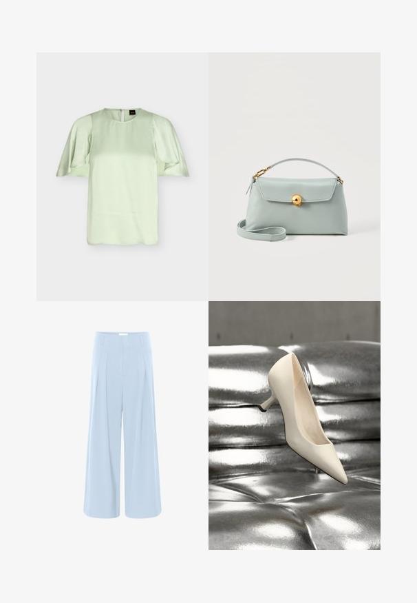 Blouse vert clair avec encolure ronde et manches courtes volantées, tissu lisse, fermeture éclair au dos, étiquette de marque BOSS visible à l'intérieur du col.; Pantalon large bleu clair avec plis à l'avant et poches latérales, doté d'une taille haute et de passants pour ceinture.; Escarpin à bout pointu en matériau blanc brillant avec un talon fin. Le design présente un accent noir sur le talon et une texture lisse.; Sac bandoulière en cuir bleu clair avec fermeture à boucle dorée, poignée courte et bandoulière longue amovible sur fond blanc.