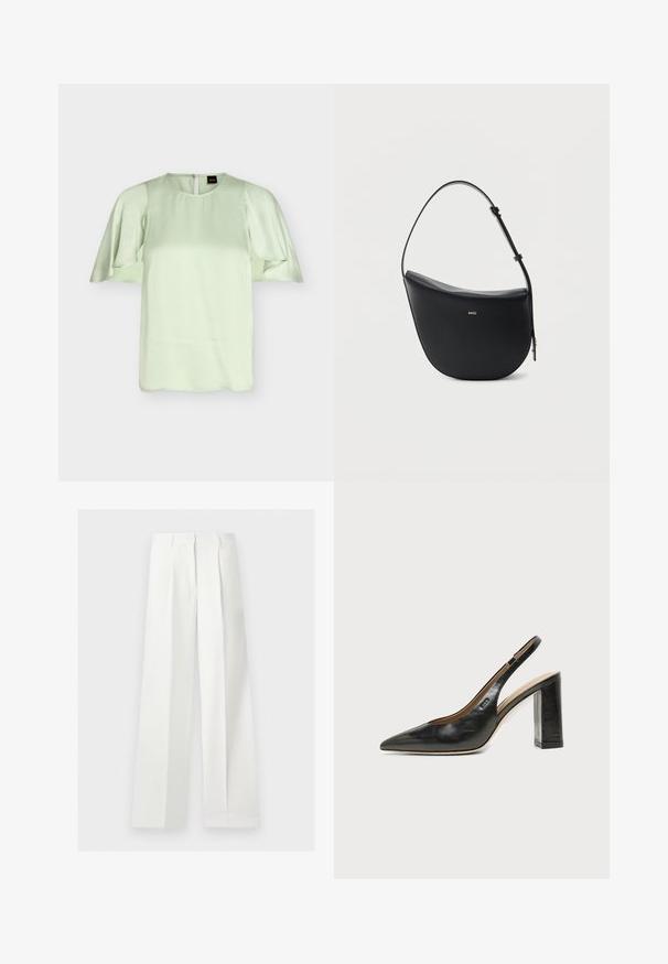 Blouse vert clair avec encolure ronde et manches courtes volantées, tissu lisse, fermeture éclair au dos, étiquette de marque BOSS visible à l'intérieur du col.; Pantalon blanc taille haute à jambes larges, confectionné, avec plis devant et fermeture éclair cachée.; Chaussure slingback en cuir noir à bout pointu avec un talon bloc haut et une doublure intérieure beige sur un fond clair uni.; Sac à bandoulière en cuir noir en forme de demi-lune avec une bandoulière réglable et le logo doré « BOSS » centré sur le devant.