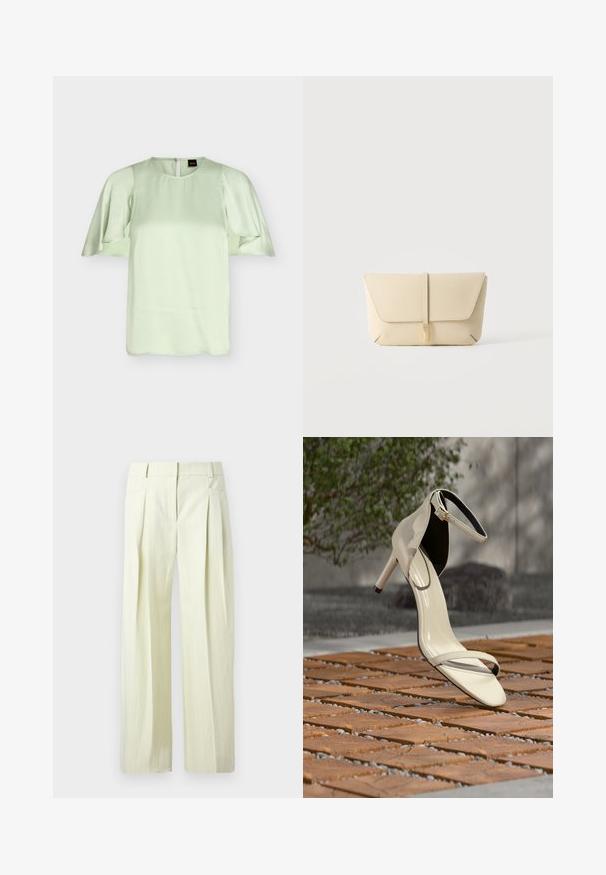 Blouse vert clair avec encolure ronde et manches courtes volantées, tissu lisse, fermeture éclair au dos, étiquette de marque BOSS visible à l'intérieur du col.; Pantalon ample couleur crème avec fines rayures verticales, plis à l'avant, poches latérales, et passants pour ceinture.; Sandale beige à talons hauts avec bride à la cheville posée sur des lattes en bois en extérieur, avec un arrière-plan flou de verdure et de béton.; Pochette en cuir beige avec rabat avant et fermeture par sangle verticale, sur un fond clair uni.