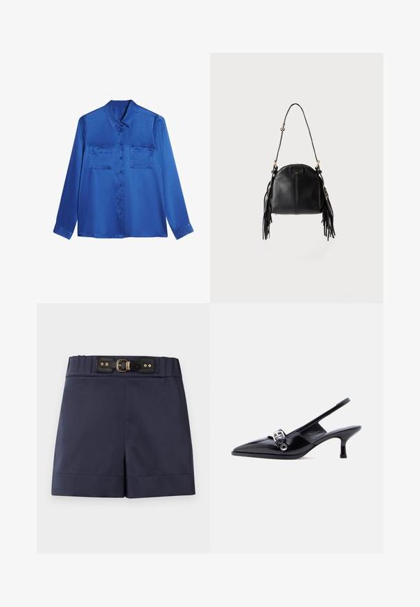 Satijnen blauwe blouse met een kraaglijn, lange mouwen, twee borstzakken en knoopsluiting aan de voorkant. Soepele, glanzende textuur.; Marineblauwe high-waisted shorts met een zwarte gesp en gouden details op een effen lichte achtergrond.; Zwarte slingback kitten heel schoen van lakleer met puntige neus en zilveren gespsluiting op een effen witte achtergrond.; Zwarte leren handtas met een gebogen vorm, lange verstelbare band en franjes aan beide zijden tegen een lichte achtergrond.