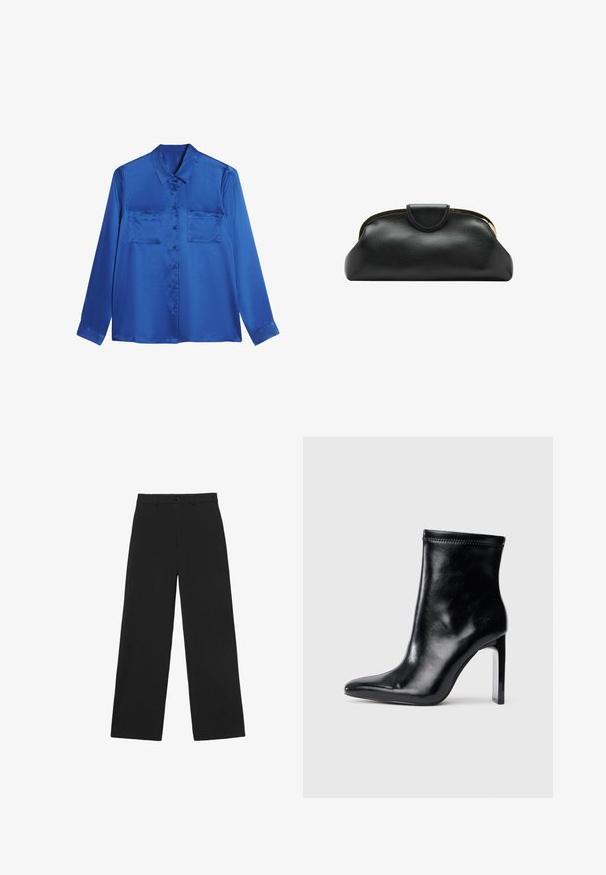 Satijnen blauwe blouse met een kraaglijn, lange mouwen, twee borstzakken en knoopsluiting aan de voorkant. Soepele, glanzende textuur.; Zwarte broek met brede pijpen, knoop en ceintuurlussen, met een klassieke hoge taille en een getailleerde pasvorm.; Zwarte leren enkellaars met een spitse neus en hoge doorzichtige hak. Gleed tekstuur en minimale stikseldetails op het bovenmateriaal.; Zwarte leren clutch met gouden metalen frame en drukknoopsluiting op een witte achtergrond.