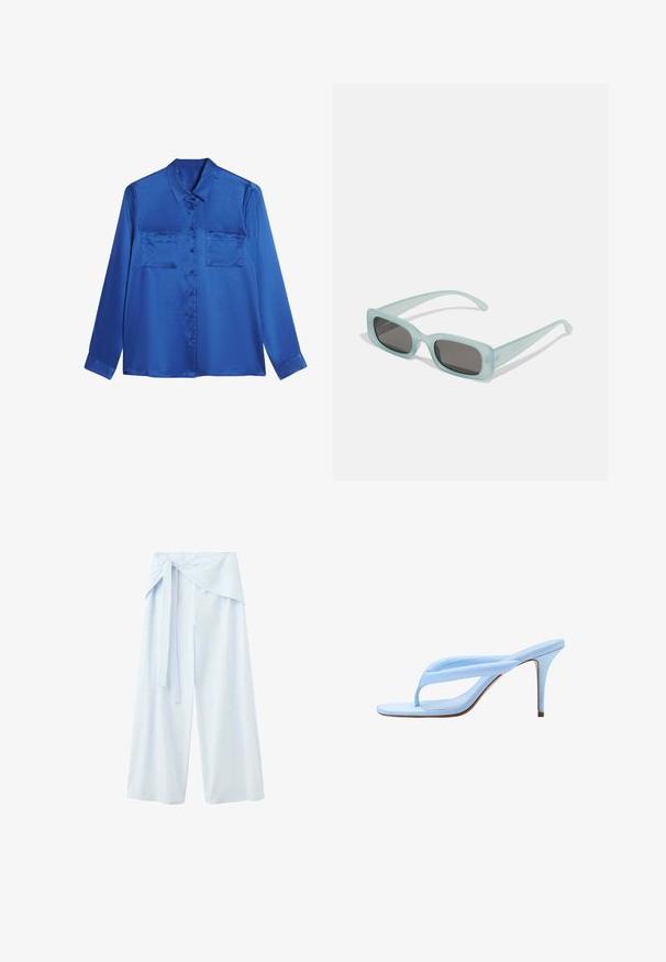 Blusa de satén azul con cuello tipo camisa, mangas largas, dos bolsillos en el pecho y cierre de botones en la parte delantera. Textura suave y brillante.; Pantalones azul claro de pierna ancha con cintura alta y cinturón de tela atado en la parte delantera.; Sandalia de tacón alto de color azul claro con suela delgada, tiras finas acolchadas y tacón de aguja rígido, mostrada de lado sobre fondo blanco.; Un par de gafas de sol rectangulares con montura translucida azul clara y lentes gris oscuro, que cuentan con patillas rectas y detalles de hardware mínimos.