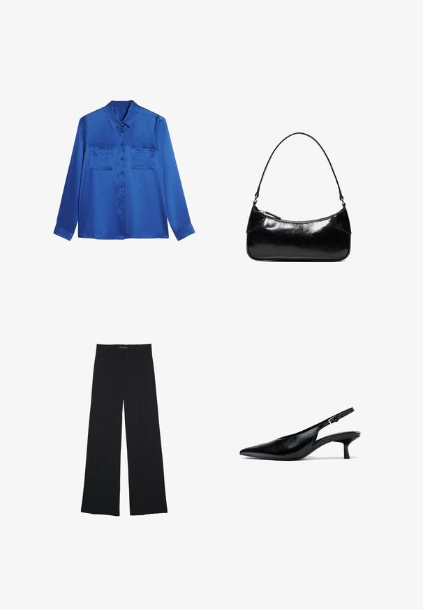 Satinblaue Bluse mit kragenförmigem Halsausschnitt, langen Ärmeln, zwei Brusttaschen und Knopfverschluss vorne. Glatte, glänzende Textur.; Schwarze Hosen mit weitem Bein, Gürtelschlaufen, vorderer Knopfleiste und Reißverschluss, flach auf einem weißen Hintergrund liegend.; Schwarzer Slingback-Kittenheel aus Leder mit spitzer Zehenpartie und verstellbarer Schnalle, auf weißem Hintergrund.; Schwarze, glänzende Lederschultertasche mit einem einzelnen Reißverschlussfach und einem dünnen, bogenförmig gebogenen Träger.