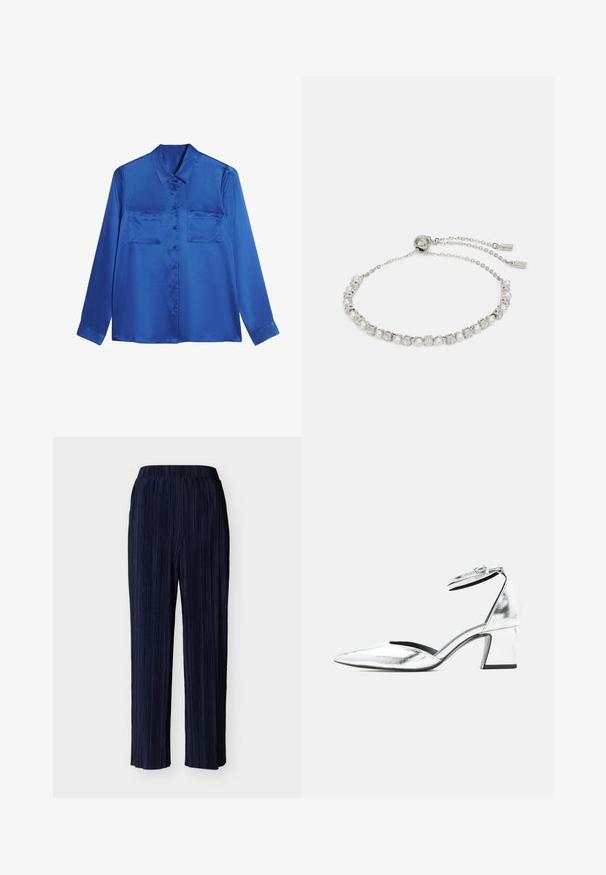 Blusa de satén azul con cuello tipo camisa, mangas largas, dos bolsillos en el pecho y cierre de botones en la parte delantera. Textura suave y brillante.; Pantalones de pierna ancha plisados para mujer en azul marino, con cintura elástica, diseñados para un ajuste cómodo.; Zapato plateado metálico con tacón bajo ancho, puntera puntiaguda y hebilla en el tobillo sobre fondo blanco.; Pulsera de plata con cristales claros y perlas alternados, cuenta con una cadena ajustable y un diseño de cierre deslizante. Textura suave.