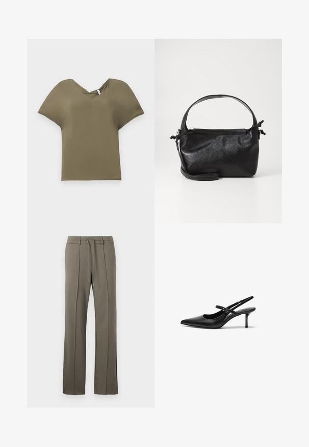 Haut à manches courtes vert olive avec un décolleté en V. Fabriqué en tissu doux, il présente une coupe ample et un ourlet légèrement incurvé.; Pantalons kaki avec une coupe droite, taille à cordon de serrage et deux plis sur le devant. Fabriqués dans un tissu doux et texturé.; Talons aiguilles noires en cuir avec un bout pointu, une fine bride réglable, et un talon aiguille d'environ 5 cm, texture lisse.; Sac à main en cuir noir au design structuré, avec une poignée arrondie et une bandoulière amovible. Présente une texture lisse et un éclat subtil.
