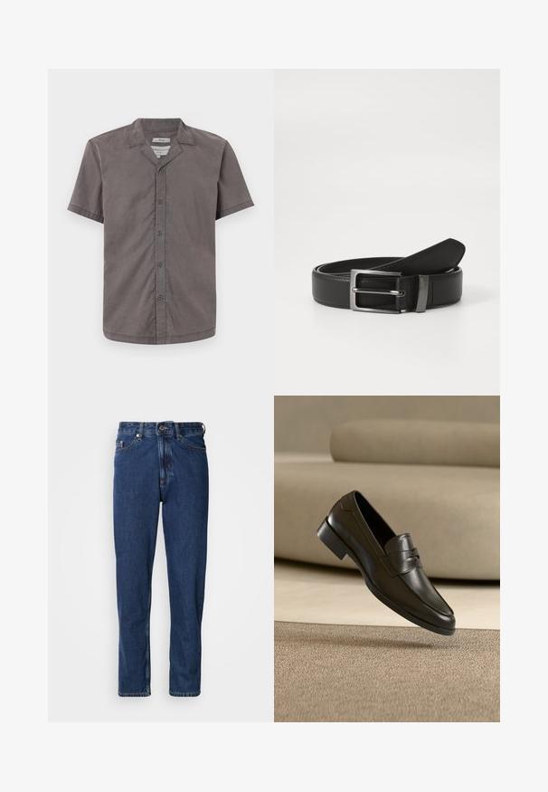 Kortærmet skjorte med knapper i mørkegrå, lavet af blødt stof. Har en camp-krave og fem knapper foran. Glat tekstur og afslappet pasform.; Mørkeblå jeans lavet af denim, med lige ben, fem-lommer stil og synlige syninger langs sømmene.; Sort lædersko med slip-on design, svævende over beige tæppe med beige sofa i baggrunden, der fremhæver klassisk herrestil.; Sort læderbælte med en sølvmetal spænde, der har en glat overflade og et klassisk design. Bæltet er pænt foldet.