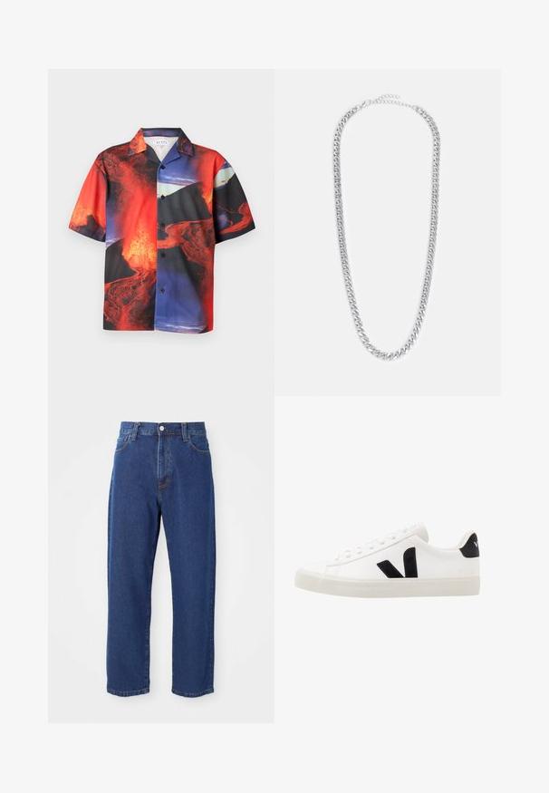 Chemise à manches courtes boutonnée avec imprimé vif de coulées de lave rouge, noire et bleue et éruption volcanique sur tissu léger.; Jeans en denim taille haute de couleur bleue, avec une coupe droite, des coutures visibles et une fermeture à bouton à l'avant.; Sneaker blanche en cuir avec des accents en daim noir ; dispose d'une semelle en caoutchouc, d'un bout rond et d'un design classique à lacets. Logo latéral en noir.; Collier en chaîne en métal argenté avec des maillons entrelacés, une texture lisse et un fermoir réglable pour personnaliser la longueur.