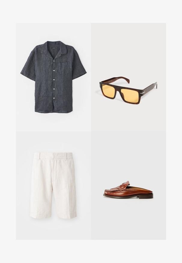 Kortærmet skjorte i antracit lin med afslappet krave, frontlomme og hvide knapper. Glat tekstur med subtile stofvariationer.; Linnedeleshorts i lys beige med elastisk talje, sidelommer og lige snit. Glat tekstur med minimal synlig syning.; Hereu MARTI - Slip-on sandaler - tan; Rektangulære solbriller i skildpaddemønster med brede stel og gule linser på en hvid baggrund.