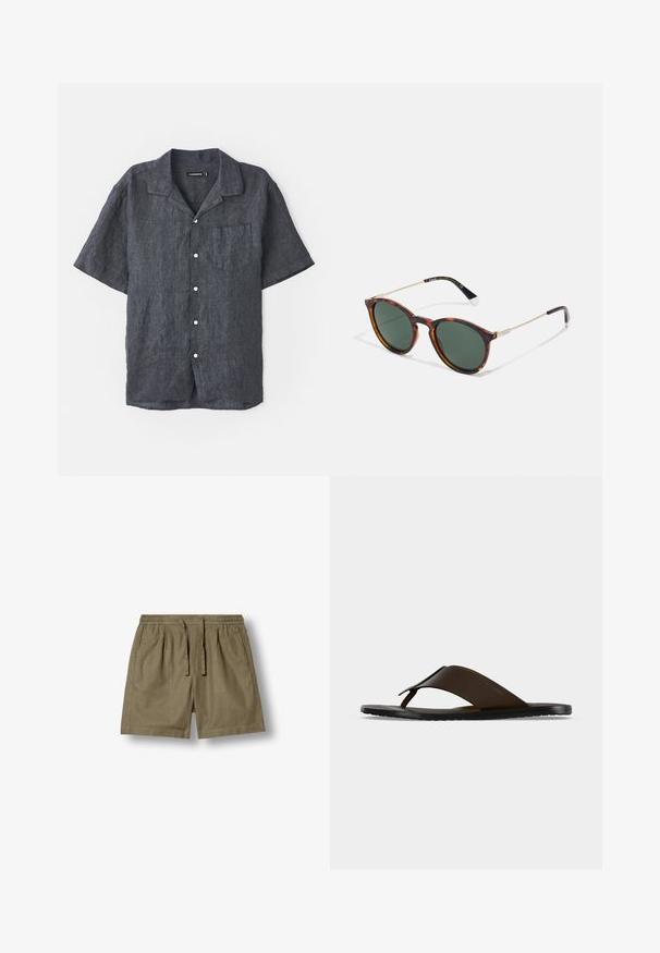Kortærmet skjorte i antracit lin med afslappet krave, frontlomme og hvide knapper. Glat tekstur med subtile stofvariationer.; Khaki elastik talje shorts med justerbar strop og sidelommer, lavet af letvægtstof.; Mørkebrune læderflipflops med bred ankelrem og sort flad sål vist i sideprofil på grå baggrund.; Runde solbriller med skildpaddefarvede stel, mørkegrønne linser og tynde metalliske arme. Udsmykket med logo på stængerne.