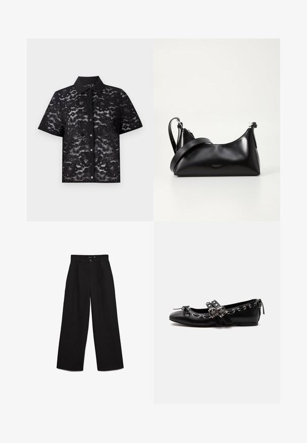 Zwarte kortemouwen shirt van kantstof met bloempatronen, knoopsluiting en een puntige kraag. Semi-doorzichtige textuur.; Zwarte wijde broek met hoge taille, sluiting met knoop en rits, riemlussen en plooien aan de voorkant.; Zwarte platte balletschoen met dubbele gespsluitingen, zilveren oogjes en een klein strikje nabij de afgeronde neus op een witte achtergrond.; Zwarte leren handtas met een gladde textuur. Beschikt over een verstelbare schouderband en een strak, minimalistisch ontwerp met een ritssluiting.