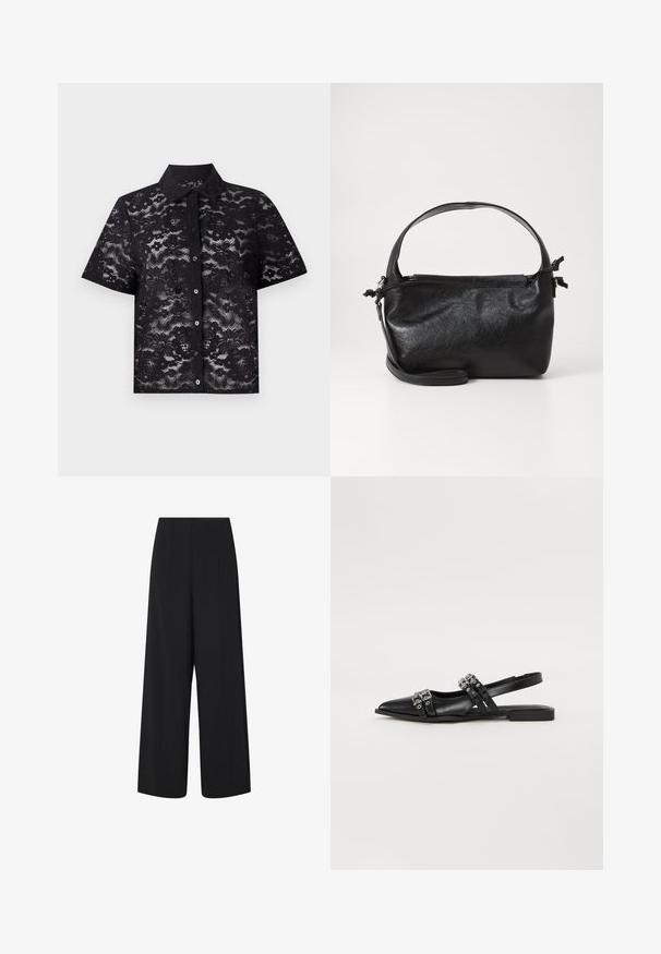 Schwarzes kurzärmliges Hemd aus Spitze mit floralen Mustern, Knopfverschluss und spitzem Kragen. Halbtransparente Textur.; Schwarze, weite, knöchellange Hosen mit hohem Bund und seitlichen Taschen, die subtile vertikale Nahtdetails aufweisen.; Even&Odd Sling-Ballerina - black; Schwarze Lederhandtasche mit strukturiertem Design, rundem Haltegriff und abnehmbarem Schulterriemen. Sie weist eine glatte Oberfläche und einen subtilen Glanz auf.