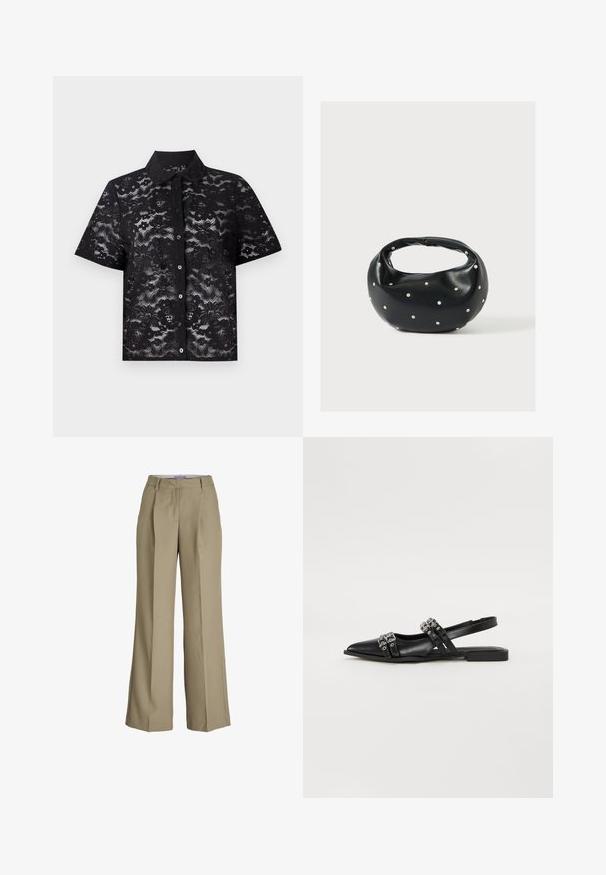 Camisa negra de manga corta hecha de tela de encaje con patrones florales, cierre de botones y cuello puntiagudo. Textura semitransparente.; Pantalones de pierna ancha beige con una cintura alta, pliegues frontales y una textura de tela suave. Diseño clásico con un acabado a medida.; Even&Odd Bailarinas con tira trasera - black; Bolso de mano de cuero negro con forma redondeada, decorado con detalles de tachuelas plateadas y un asa corta. Textura lisa y cierre con cremallera.