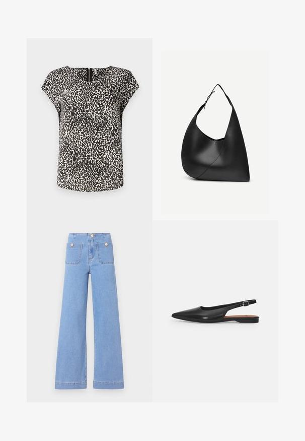 Haut à manches courtes noir et blanc avec un motif abstrait texturé, un col rond et un subtil détail de fermeture éclair à l'arrière.; Jeans larges bleu clair à taille haute, dotés de deux poches arrière et de boutons dorés. Fabriqués en denim avec une texture lisse et une finition soignée.; Chaussure slingback en cuir noir avec un bout pointu, un léger éclat et une bride de cheville réglable. Talon plat avec une semelle intérieure marron.; Sac à épaule en cuir noir avec forme triangulaire incurvée, une seule sangle ajustable, et une couture diagonale visible à l'avant.