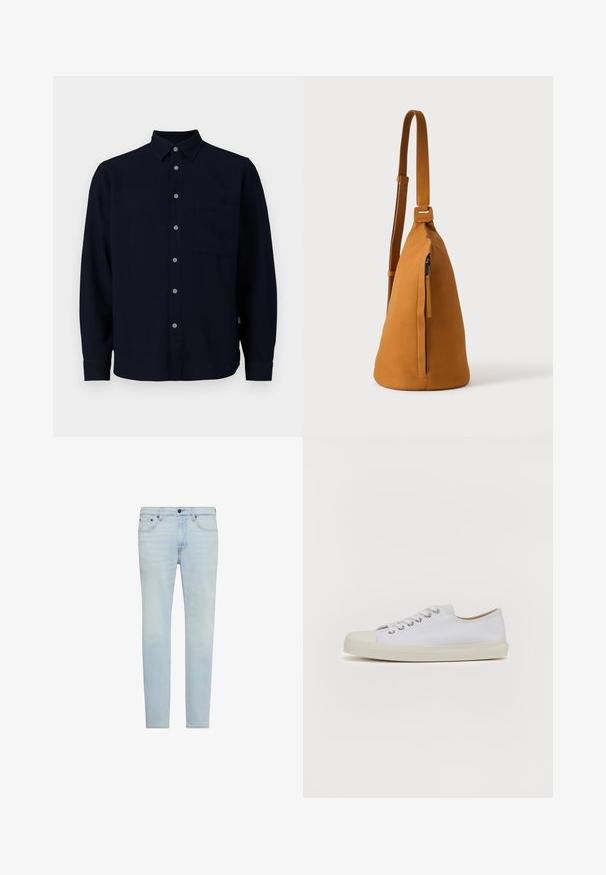 Marineblå langærmet skjorte lavet af blød stof. Har en knaplukning foran, en spids krave og en brystlomme. Grå knapper tilføjer kontrast.; Lyseblå slim-fit jeans med frontknap, lynlås og femlommers design.; Hvide lærreds sneakers med rund tå, flad cremefarvet gummisål, seks øjenlåg til snørebånd og subtile syninger på overdelen.; Tan læder crossbodytaske med justerbar rem og lodret lynlåslomme, vist fra siden mod en ensfarvet lys baggrund.
