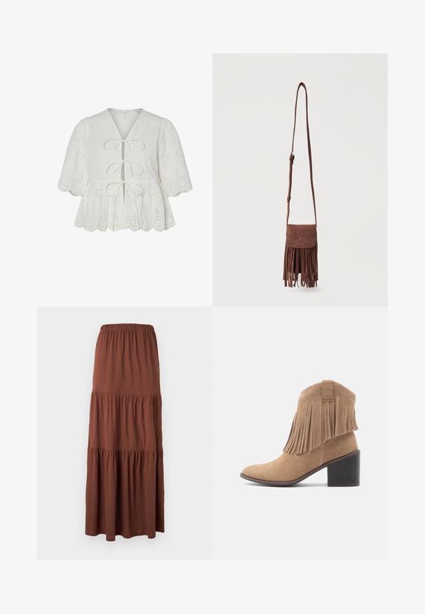 Hvid bluse med hulbroderi, puffede ærmer, bølget kant og tre bindebånd foran.; Brun maxinederdel nederdel med elastisk linning, lavet af blødt, let stof, hængende fladt mod en hvid baggrund.; Beige ruskinds-ankelstøvle med rundet tå og frynset overdel. Har en mellemhøj blokhæl og et robust design med en løkke detalje bagpå.; Brun ruskind crossbody taske med lang rem, syet dekorativt mønster på klappen og hængende frynsetassels langs nederste kant.