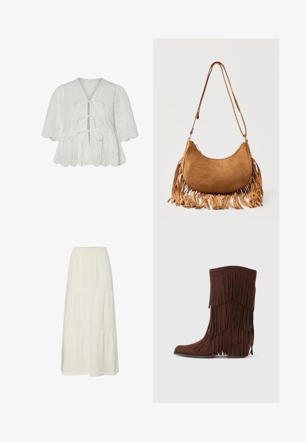 Witte blouse met ajourborduurwerk, pofmouwen, geschulpte zoom en drie voorstrikjes.; Witte, gelaagde maxi-rok van lichtgewicht, gestructureerde stof met een elastische tailleband. Bevat drie verschillende stofsecties.; Bruin suède laarzen tot halverwege de kuit met gelaagde franjes en een lage blokhak, afgebeeld tegen een effen lichte achtergrond.; Bruine suède schoudertas in halvemaanvorm met lange riem en franjes langs de onderste randen tegen een witte achtergrond.