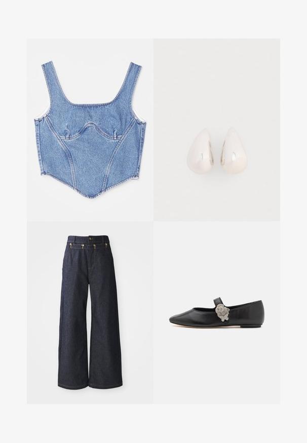 Top corset en denim avec de larges bretelles, des coutures structurées et une silhouette ajustée. Couleur bleu clair avec des dégradés subtils et des détails de couture contrastants.; Jeans à jambes larges en denim foncé, dotés d'une taille haute, d'une fermeture à double bouton et de surpiqûres contrastées le long des coutures.; Sophia Webster TITANIA - Babies - black/crystal; Boucles d'oreilles en métal argenté en forme de goutte, avec une surface lisse et réfléchissante, présentant un design sans couture et sans embellissements visibles.