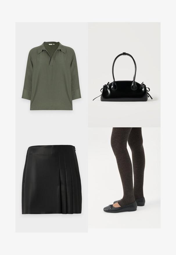 Chemise à manches longues vert olive avec un col large et une ouverture en V, fabriquée en tissu léger avec une coupe ample et décontractée.; Jupe mini en faux cuir noir avec un devant lisse et des plis sur le côté droit, équipée d'une fermeture éclair au dos.; Jambes portant des leggings côtelés foncés associés à des ballerines noires avec de petits détails en nœud sur fond blanc.; Petit sac à main noir brillant avec deux longues anses et des détails à cordon sur les côtés sur un fond clair uni.
