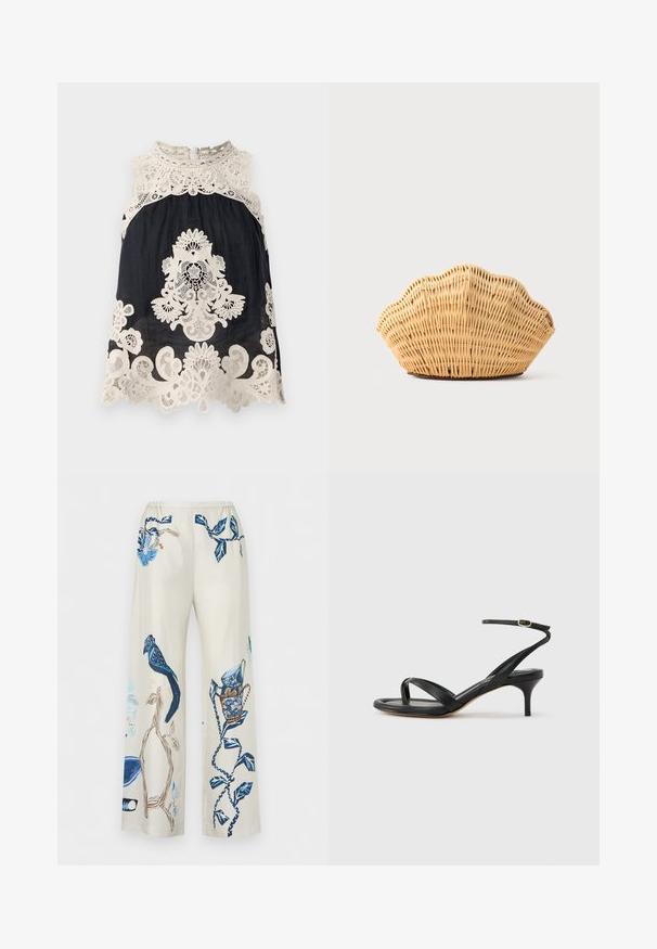 Marineblå ærmeløs top med intrikate elfenben lace-detaljer ved halsudskæringen og kanten, med blomster- og paisleymønstre gennem hele designet.; Beige bukser med vide ben med blå botaniske og fugleprints, featuring detaljerede blade, grene og en fugl siddende på en gren design.; Sort damesandal i læder med tynde remme, en tå-loop, ankelspænde og en mellemhøj stiletthæl på en neutral baggrund.; Vævet rattan håndtaske formet som en kammusling med naturlig lysebrun farve og afrundede, strukturerede kanter.