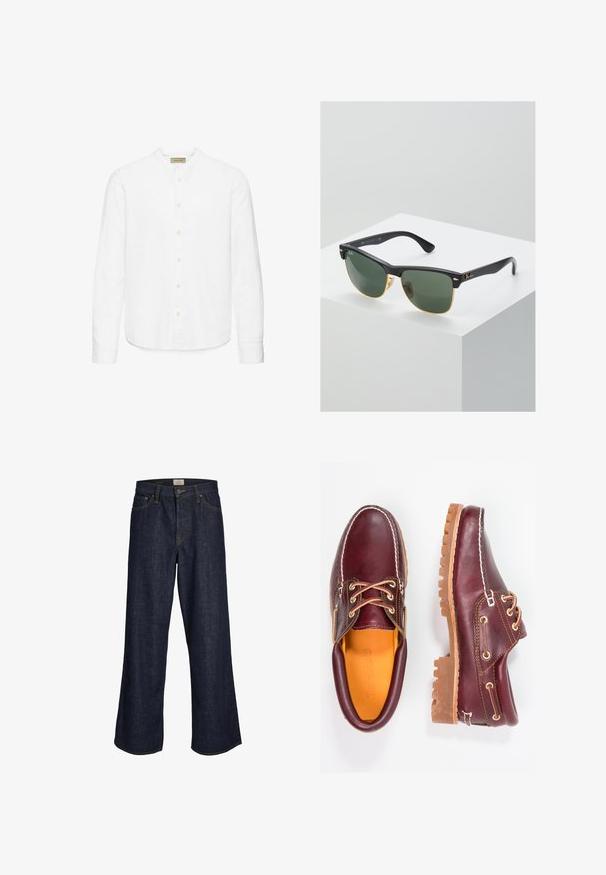 Chemise blanche pour hommes à manches longues avec col officier, fabriquée en tissu léger, dotée d'un ourlet droit et de manches retroussées.; Jeans en denim bleu foncé à jambes larges, avec une fermeture éclair à l'avant, cinq poches et des coutures contrastées. Les extrémités sont effilochées.; Chaussures en cuir bourgogne avec semelles en caoutchouc marron, bout rond, couture blanche et œillets dorés. L'intérieur présente une doublure jaune.; Lunettes de soleil Ray-Ban avec des verres verts, monture en plastique noir et accents dorés sur les bords. Forme carrée avec une finition mate.