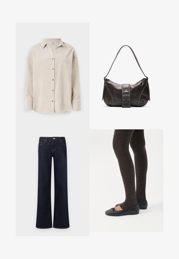 Chemise à manches longues beige clair avec un devant boutonné, coupe décontractée et tissu texturé. Dispose d'un col classique et de boutons visibles.; Jean en denim bleu foncé à jambes larges avec poches avant, fermeture par bouton et fermeture éclair, et coutures contrastantes visibles.; Jambes portant des leggings côtelés foncés associés à des ballerines noires avec de petits détails en nœud sur fond blanc.; Sac à épaule en cuir marron avec une forme courbée, présentant un détail de boucle proéminent, des coutures contrastantes et une seule bandoulière.