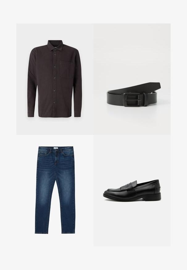 Chemise à manches longues marron foncé en coton, avec un col à boutons, une poche avant et des boutons noirs pour la fermeture.; Jean slim-fit bleu foncé avec des détails délavés, design classique à cinq poches, fermeture à bouton et passants de ceinture.; Mocassin homme en cuir noir avec détail pompon, bout arrondi, talon bas et finition polie lisse, montré de profil sur fond blanc.; Ceinture en cuir noir avec une boucle en métal noir mat, présentant une texture lisse et un design simple. Longueur réglable avec une extrémité effilée.