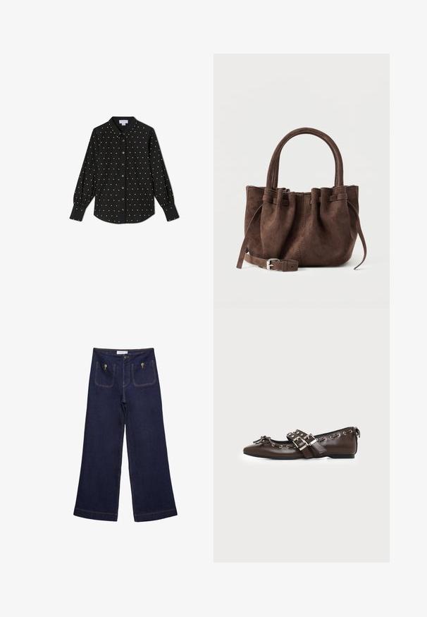 Chemise noire à manches longues avec boutons, à pois dorés, col pointu et poignets boutonnés.; Jean large en denim bleu foncé avec deux poches avant, des coutures visibles et une fermeture à bouton. Présente une coupe droite et un ourlet effiloché.; Chaussure plate en cuir marron foncé avec bout pointu, doubles brides à boucles argentées, œillets métalliques et nœud décoratif à l'avant.; Sac à main en daim marron avec le dessus froncé, double anses et bandoulière amovible avec boucle en argent, présenté sur un fond uni.